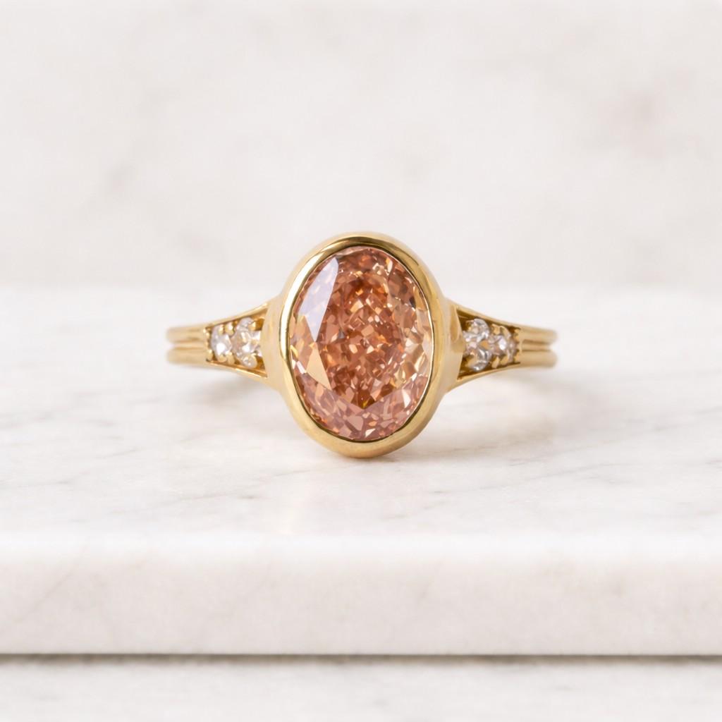 Fancy Vivid Pink Oval Lab Diamond Engagement Ring, Oval Cut Bezel Set Ring, Seven Stone Pink Diamond Vintage Ring, 14k Gold