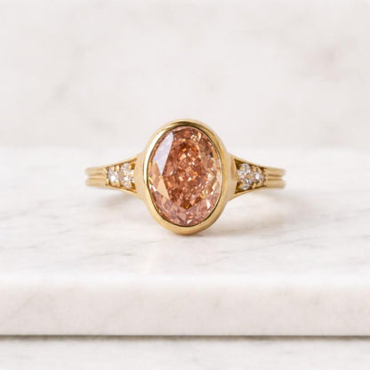 Fancy Vivid Pink Oval Lab Diamond Engagement Ring, Oval Cut Bezel Set Ring, Seven Stone Pink Diamond Vintage Ring, 14k Gold