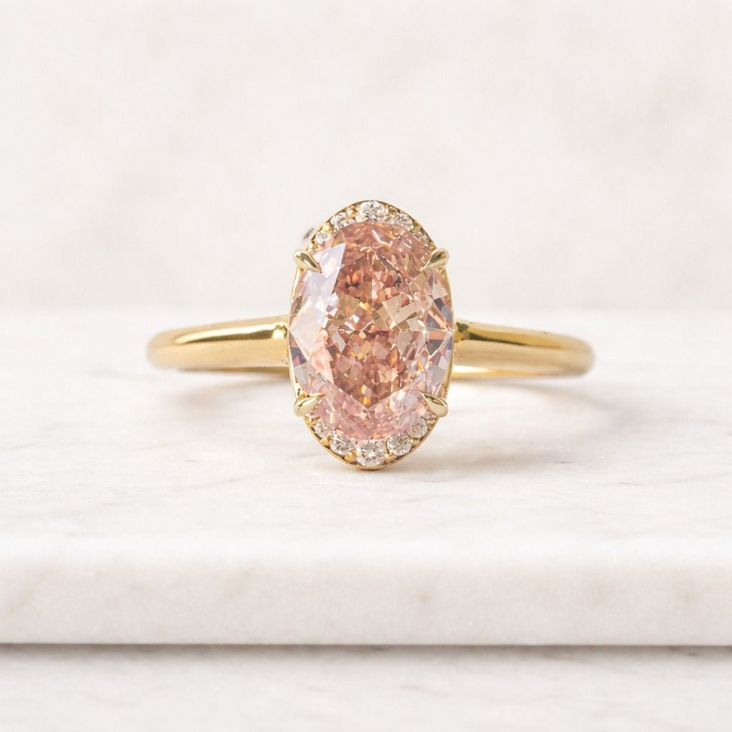 pink oval lab diamond engagement ring, pave halo, white gold bridal jewelry