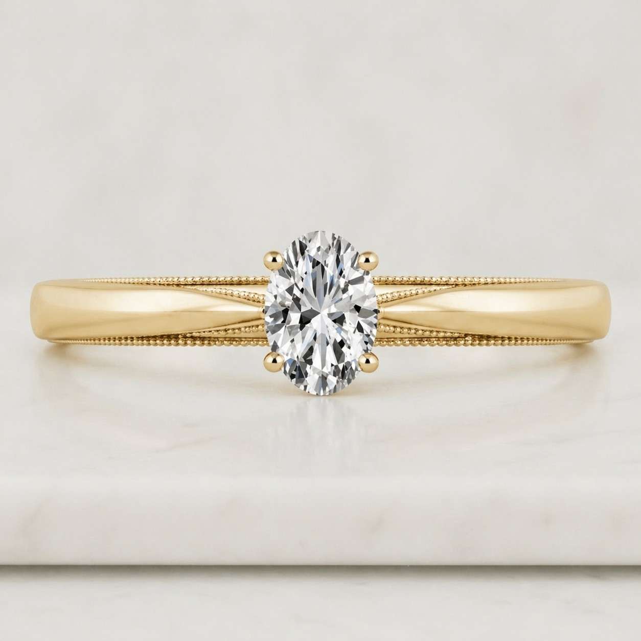 oval cut moissanite engagement ring, vintage style engraved band ring, solitaire wedding ring, art deco milgrain ring, 14k yellow gold ring
