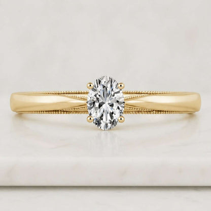 Oval Cut Moissanite Engagement Ring, Vintage Style Engraved Band Ring, Solitaire Wedding Ring, Art Deco Milgrain Ring, 14k Yellow Gold Ring
