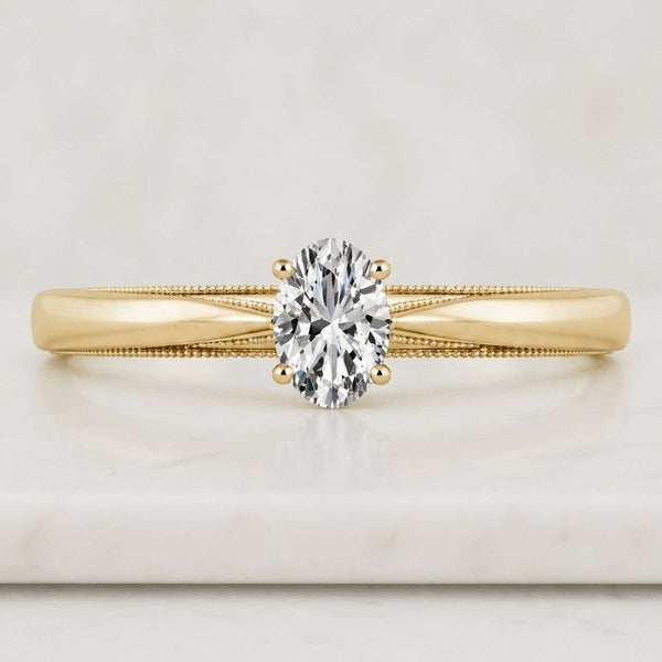 Oval Cut Moissanite Engagement Ring, Vintage Style Engraved Band Ring, Solitaire Wedding Ring, Art Deco Milgrain Ring, 14k Yellow Gold Ring
