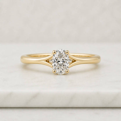 Solid Gold Split Shank Oval Moissanite Ring, Minimalist Promise Ring