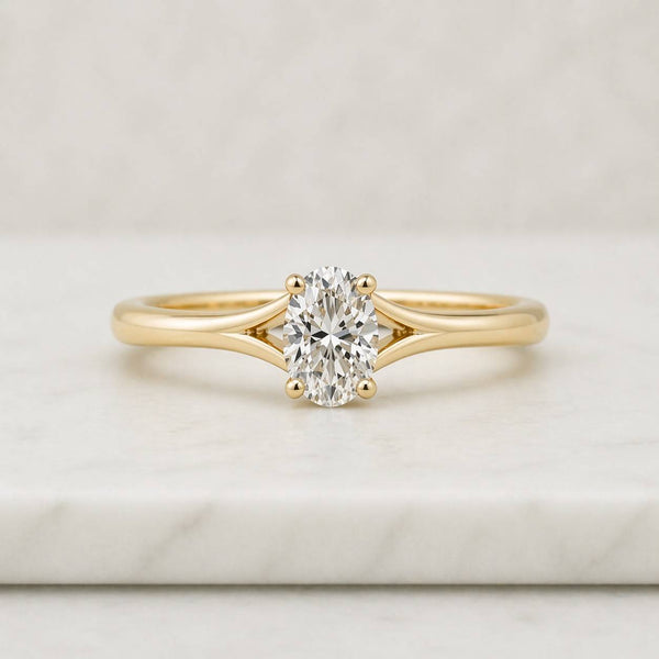 Solid Gold Split Shank Oval Moissanite Ring, Minimalist Promise Ring