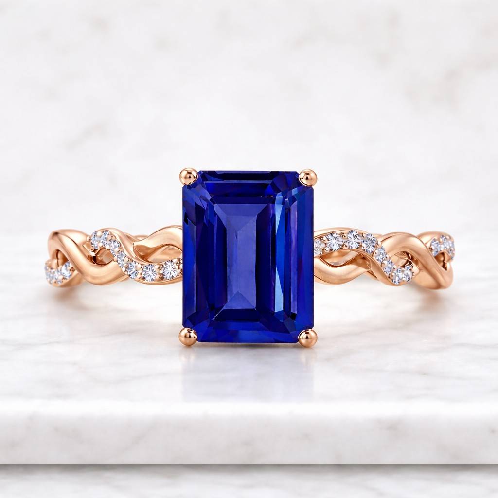 2 CT Emerald Cut IGI Certified Lab Grown Diamond Engagement Ring, 14K Solid Gold Twisted Infinity Band, Hidden Halo Pave Wedding Ring