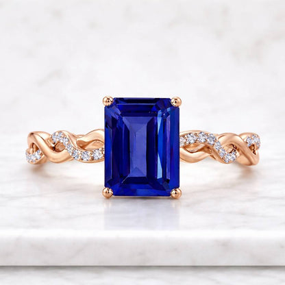 2 CT Emerald Cut IGI Certified Lab Grown Diamond Engagement Ring, 14K Solid Gold Twisted Infinity Band, Hidden Halo Pave Wedding Ring