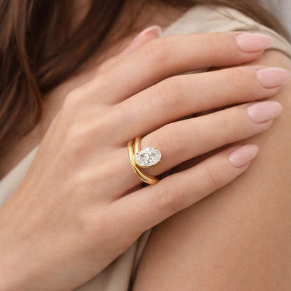 Oval Cut Moissanite Engagement Ring, 3CT Oval Cut Curved Style Ring, Curved Wedding Band, Art Deco Anniversary Ring, 14K Gold Matching Ring.