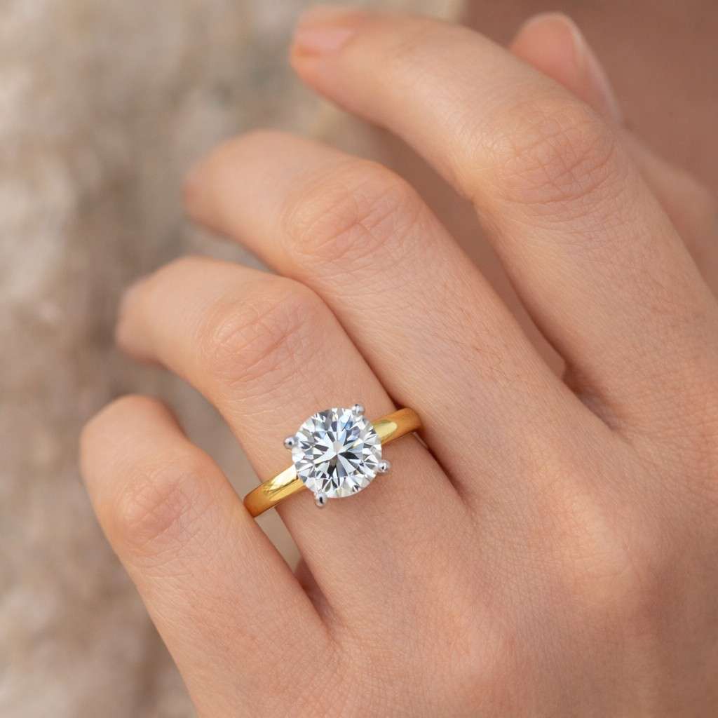 Round Cut Lab Grown Diamond Solitaire Ring, 14K Gold Reverse Tapered Shank Ring, Six Prong Set Engagement Ring, Gift For Wife