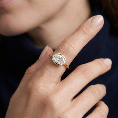2 CT Oval Moissanite Diamond Half Bezel Solitaire Ring, 14k Gold Unique Oval Diamond Ring, High Set Solitaire Ring, Dainty Engagement Ring
