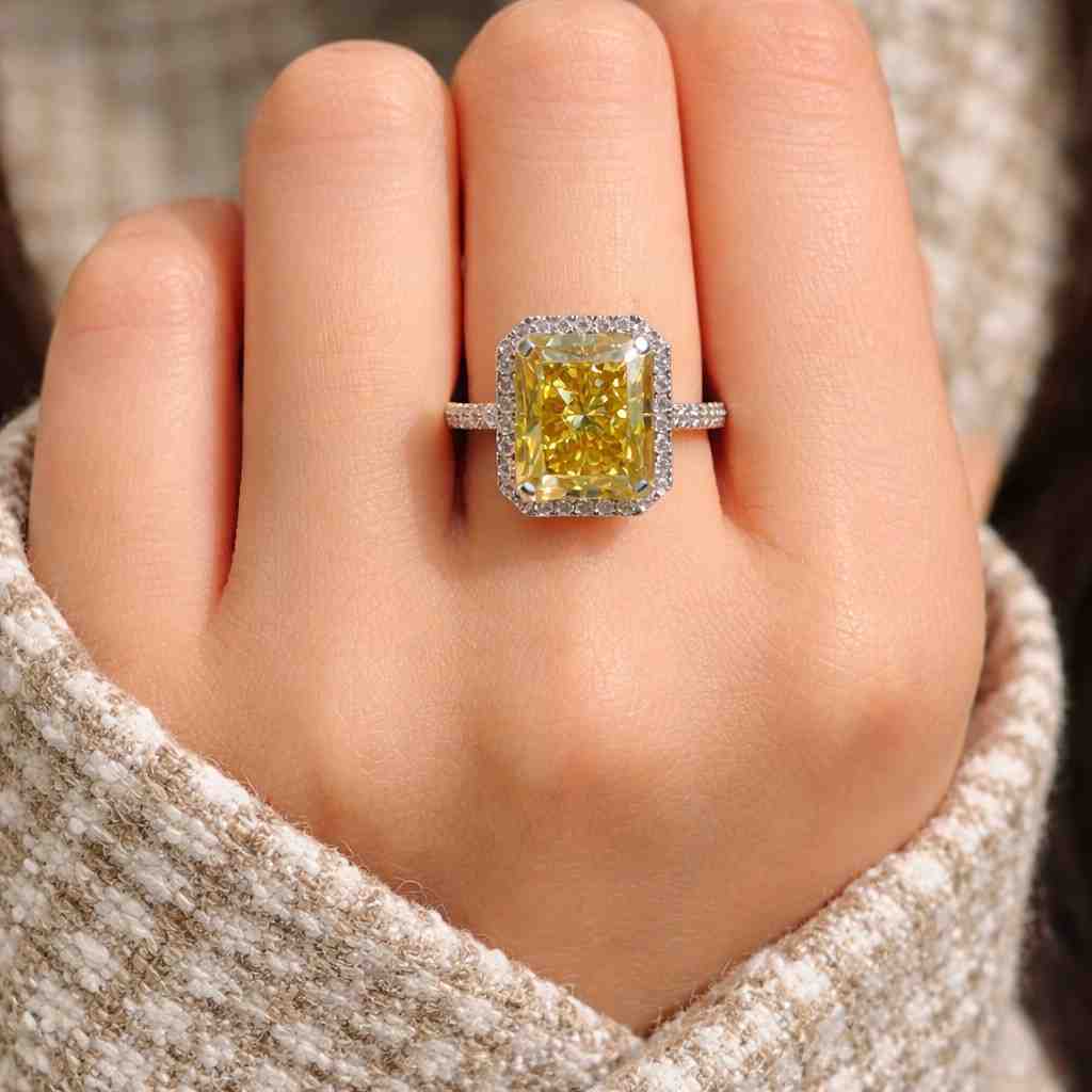 Canary Diamond Ring, Radiant Cut Yellow Halo Engagement, 14k White Gold Lab Grown