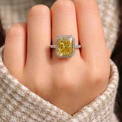 Canary Diamond Ring, Radiant Cut Yellow Halo Engagement, 14k White Gold Lab Grown