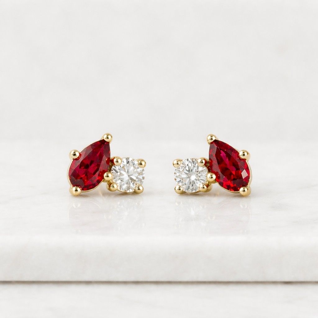 pear cut earrings ruby stud earrings gold earrings red gemstone earrings solitaire earrings duo stone earrings prong set earrings