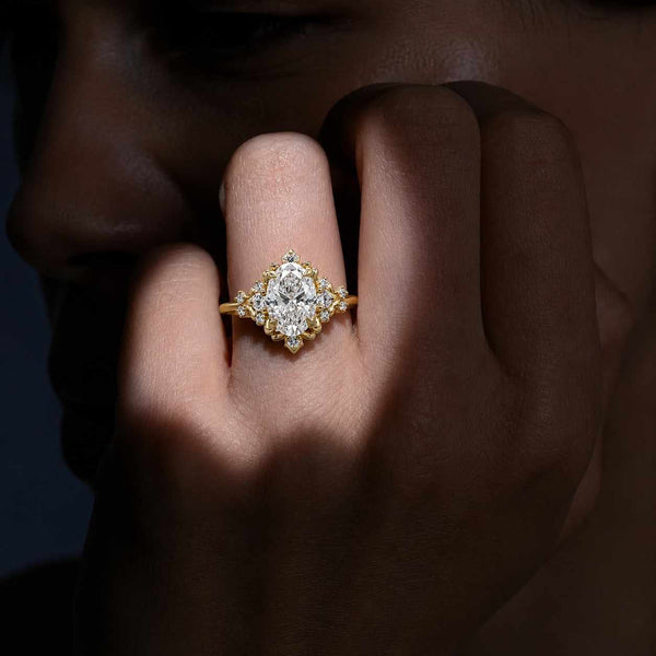 1CT IGI Certified Oval cut Lab grown diamond Engagement ring Unique Yellow Gold Marriage ring Cluster Marquise diamond Promise Wedding ring
