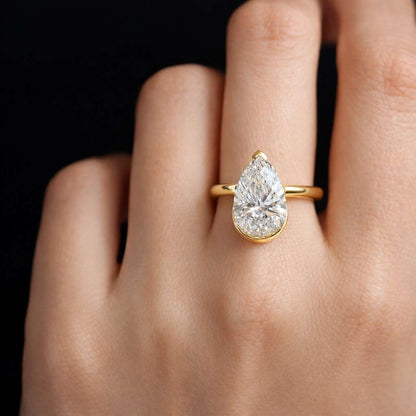 Pear Cut Lab Grown Diamond Engagement Ring, 14k Yellow Gold Bezel Solitaire