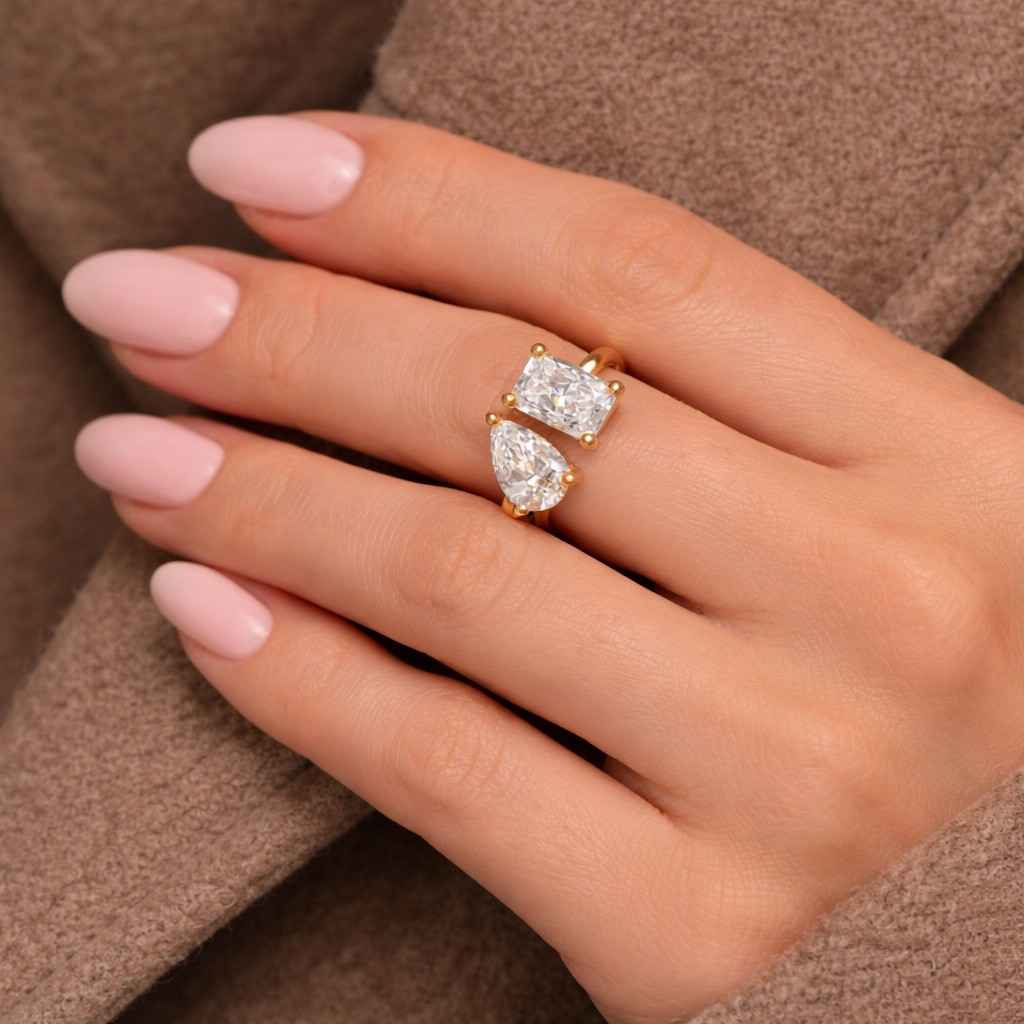 pear cut ring radiant cut ring pear radiant ring open band ring crossover ring solitaire ring duo stone ring modern ring yellow ring gold jewelry