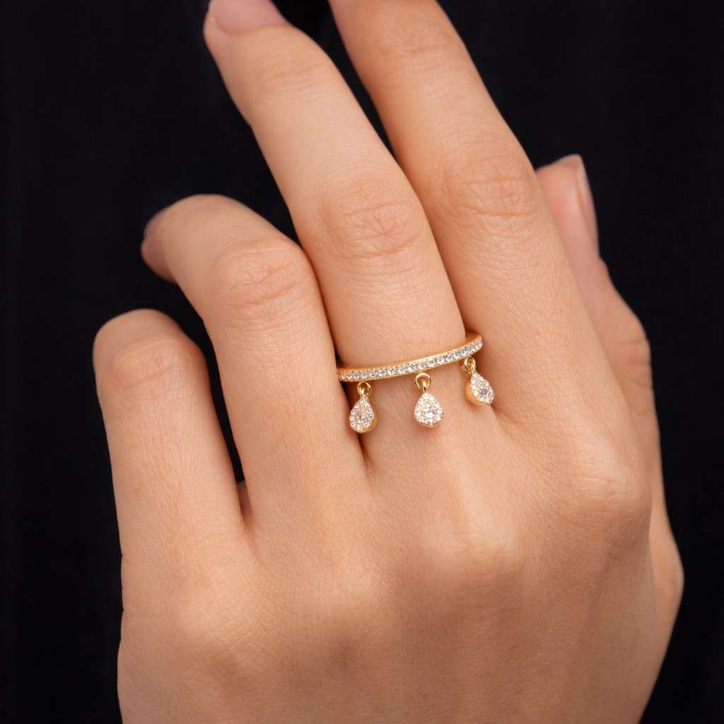 14kgold pear cut dangle charm ring,minimalist solitaire stacking ring,tiny dangling moissanite ring,personalized everyday bandvalentine gift