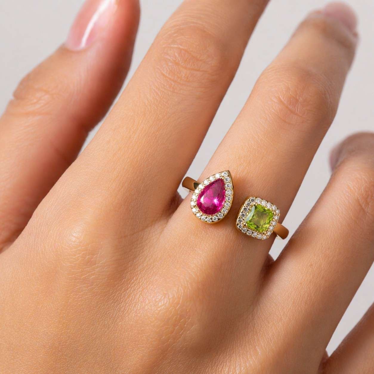 pear ring cushion ring pink gemstone green gemstone gemstone halo halo design open end ring bypass design split design dual gemstone colorful jewelry