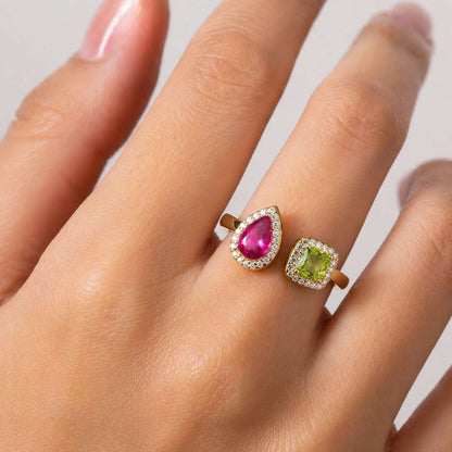 pear ring cushion ring pink gemstone green gemstone gemstone halo halo design open end ring bypass design split design dual gemstone colorful jewelry
