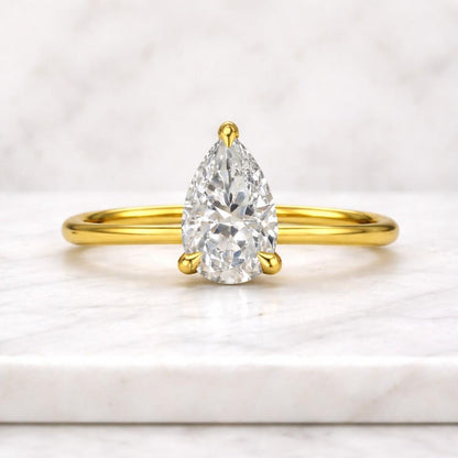 Pear Cut Lab Grown Diamond Engagement Ring | 1.11 CTW IGI Certified Diamonds | Solitaire Ring with Secret Halo Diamonds