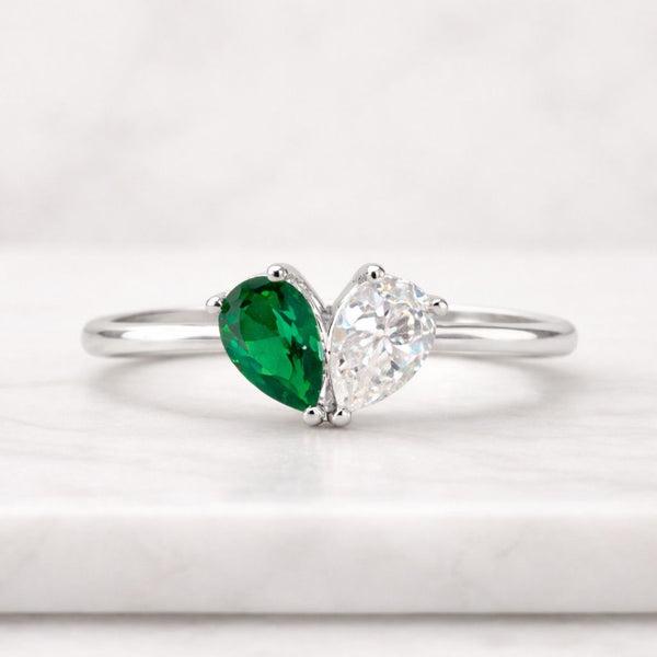 Pear Green Sapphire Toi Et Moi Ring White Gold Moissanite Engagement Ring Two Stone Tilted Ring Delicate Ring Birthstone Gifts For Her