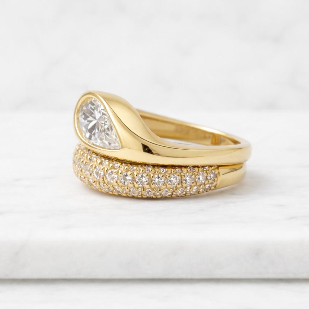 Bezel Set Engagement Ring, Wave Shank Solitaire Ring, Pear Cut simulated Diamond Wedding Ring, Yellow Gold Daily Wear Ring For Her