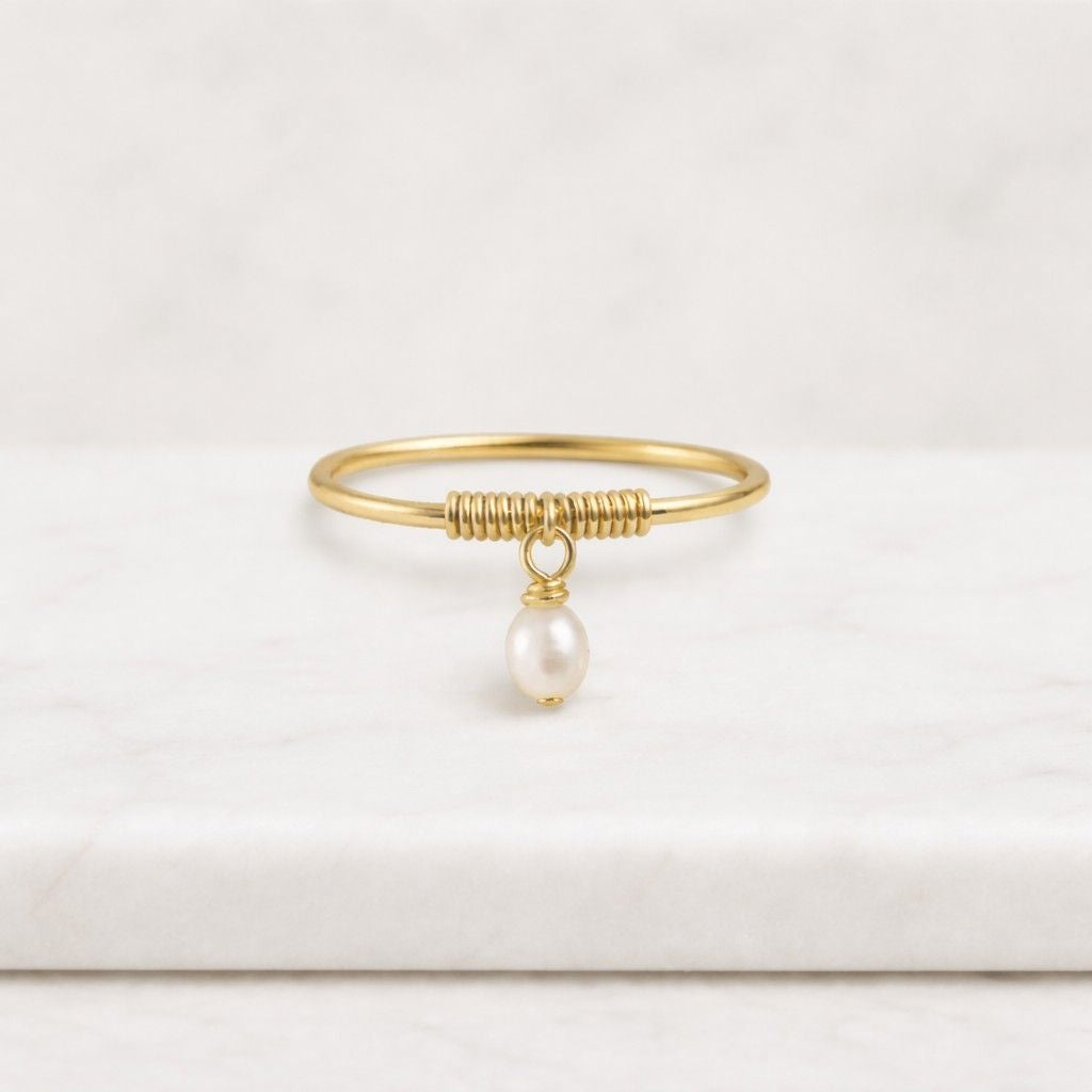 pearl ring gold pearl ring dainty pearl ring minimalist ring wire wrapped ring stacking ring thin band ring handmade ring freshwater pearl ring pearl drop ring charm ring