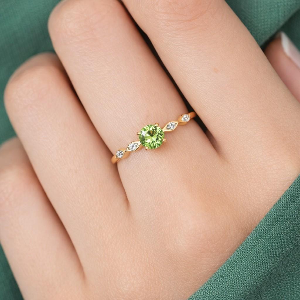 dainty peridot & diamond ring, 14k gold round peridot cluster ring, august birthstone ring, delicate engagement promise ring, gift for he