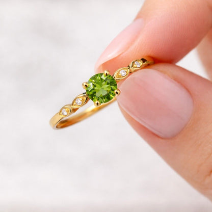 14k Yellow Gold Peridot Ring, Round Cut Peridot Engagement Ring, August Birthstone Ring, Dainty Three Stone Ring for Her