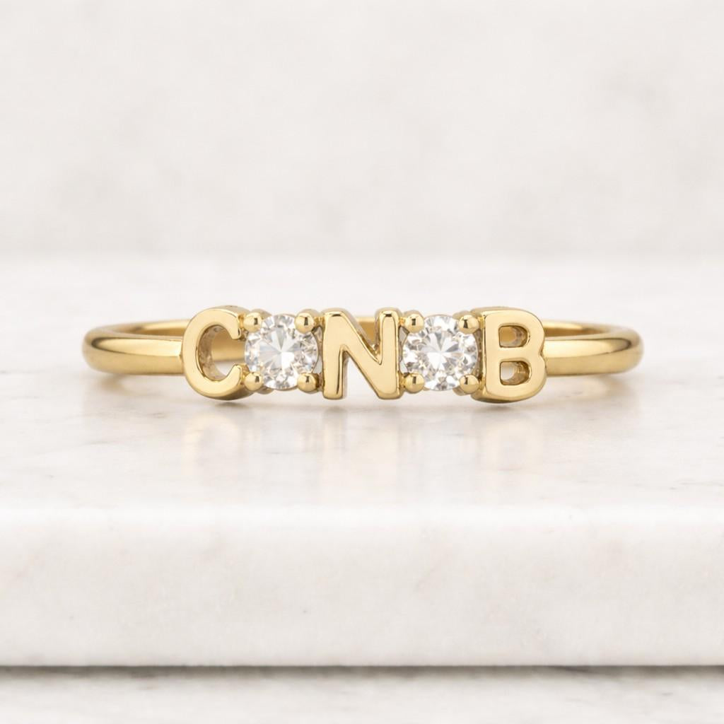 Custom Name Ring with Diamond or Heart, Solid Gold Cut Out Band, 10k 14k 18k Solid Gold Personalized Ring Gift for Mom, Gift for Her/Him
