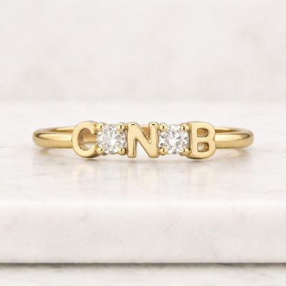 Custom Name Ring with Diamond or Heart, Solid Gold Cut Out Band, 10k 14k 18k Solid Gold Personalized Ring Gift for Mom, Gift for Her/Him
