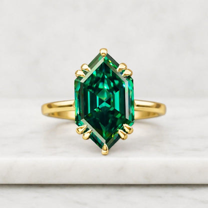 Hexagon Cut Lab Emerald Ring, 14K Yellow Gold Solitaire Promise Ring