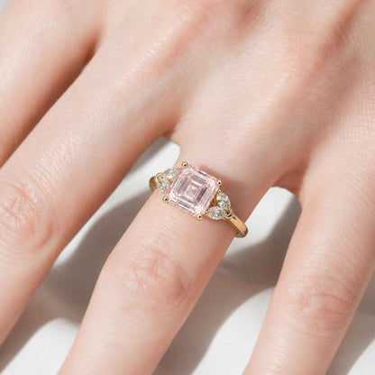 pink gemstone ring natural gemstone ring clear side stones asscher morganite blush gemstone ring peach gemstone ring