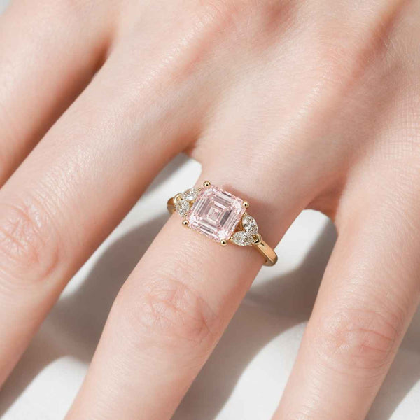 pink gemstone ring natural gemstone ring clear side stones asscher morganite blush gemstone ring peach gemstone ring