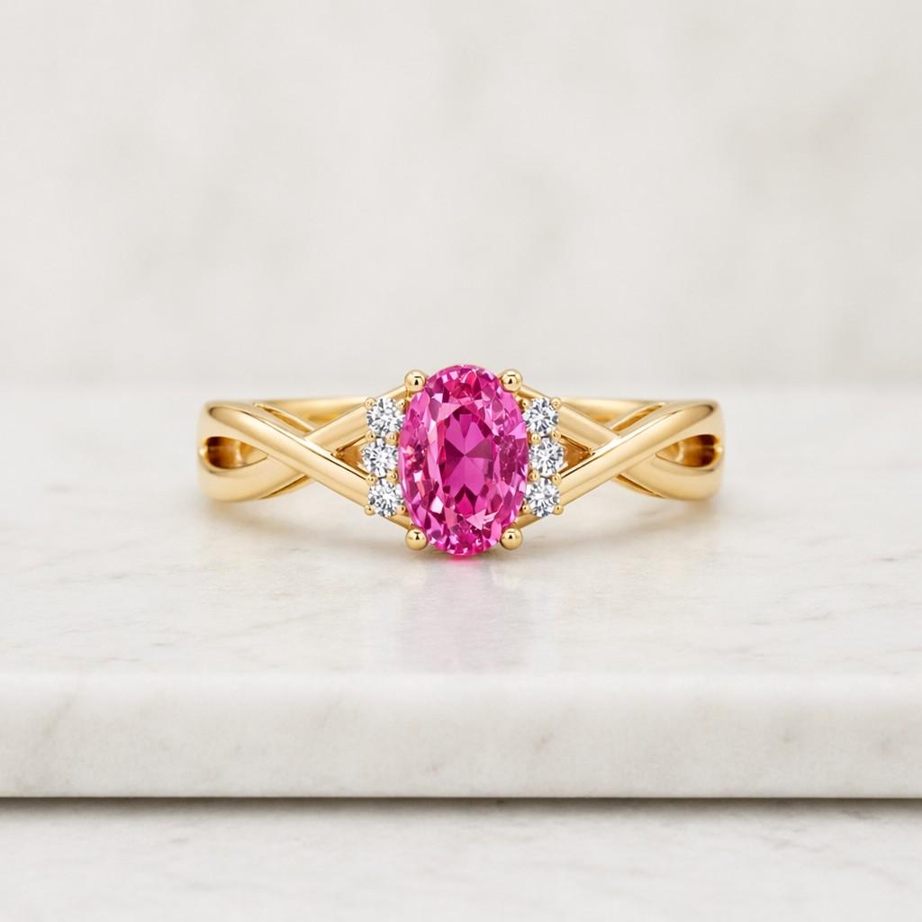 pink gemstone ring oval pink ring gold ring twisted band ring crossover ring halo ring statement ring women ring fine jewelry pink stone ring oval gemstone ring prong set ring