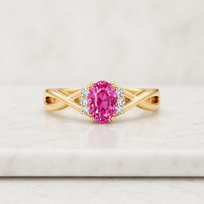 pink gemstone ring oval pink ring gold ring twisted band ring crossover ring halo ring statement ring women ring fine jewelry pink stone ring oval gemstone ring prong set ring
