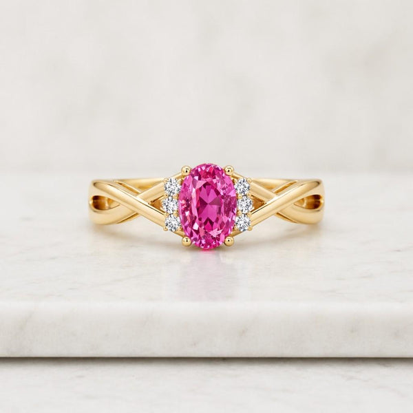 pink gemstone ring oval pink ring gold ring twisted band ring crossover ring halo ring statement ring women ring fine jewelry pink stone ring oval gemstone ring prong set ring