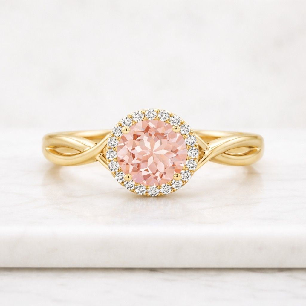 7.50CT Pink Round Cut Wedding Anniversary Gift Ring, Baguette & Round Multi Stone Halo Ring, Vintage Style Pink Sapphire Gold Rings Jewelry