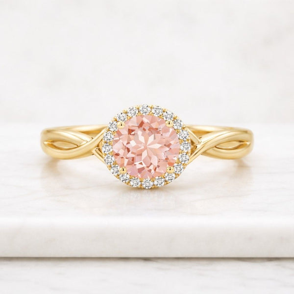 7.50CT Pink Round Cut Wedding Anniversary Gift Ring, Baguette & Round Multi Stone Halo Ring, Vintage Style Pink Sapphire Gold Rings Jewelry