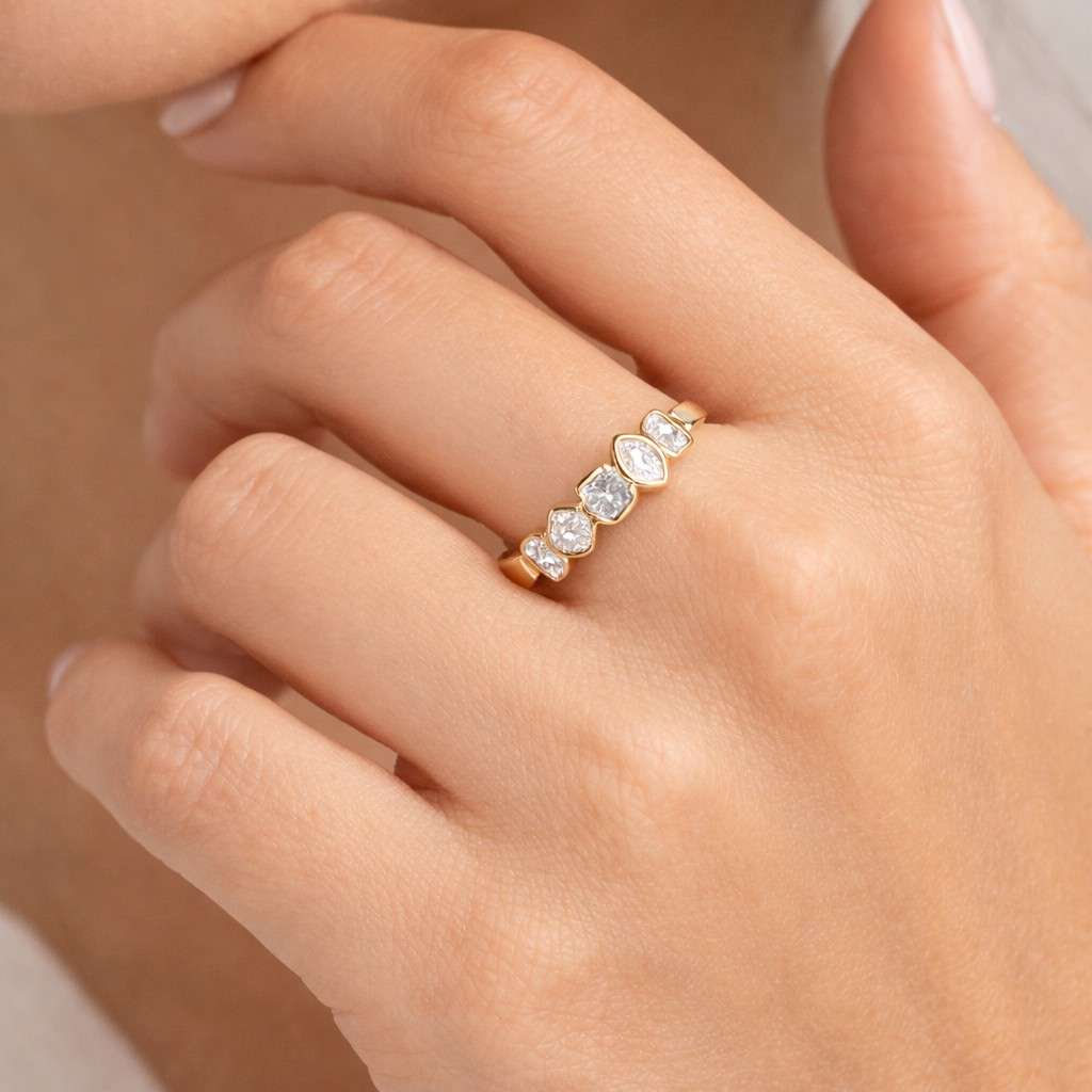 unique multi cut lab grown diamond wedding band, 14k gold bezel set full eternity band, stackable matching engagement band, bridal jewelry