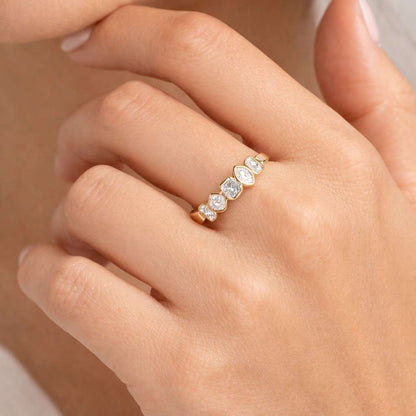 Unique Multi Cut Lab Grown Diamond Wedding Band, 14K Gold Bezel Set Full Eternity Band, Stackable Matching Engagement Band, Bridal Jewelry