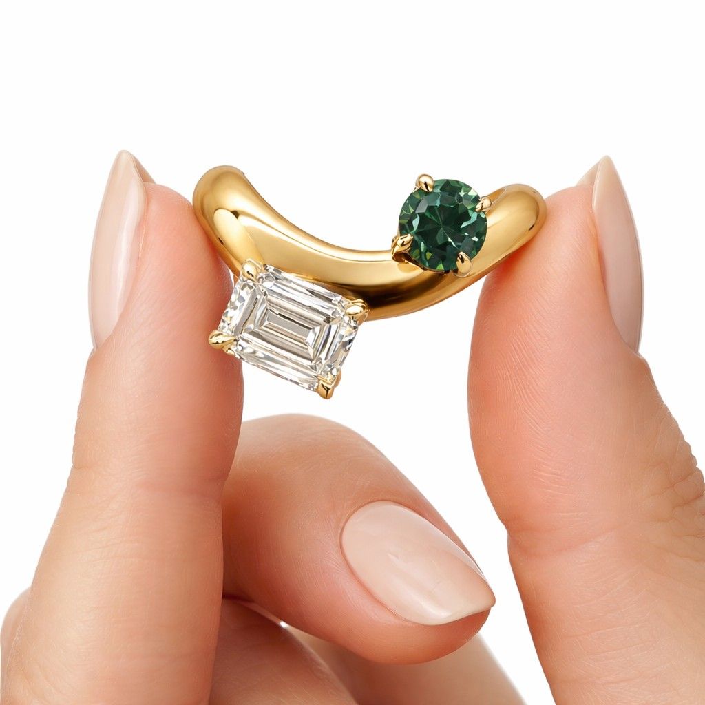 Toi Et Moi Ring, Emerald Anniversary Ring, Double Stone Wedding Ring, Emerald & Round Cut Diamond Engagement Ring, 14k Solid Gold Ring
