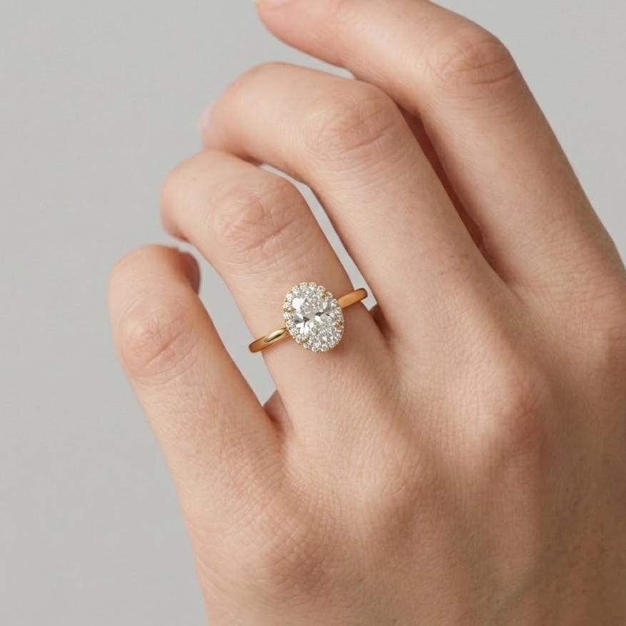 2.50ct oval cut moissanite custom made halo set ring, four prong oval shape halo ring, ethical sparkling oval cut wedding ring gift for her.