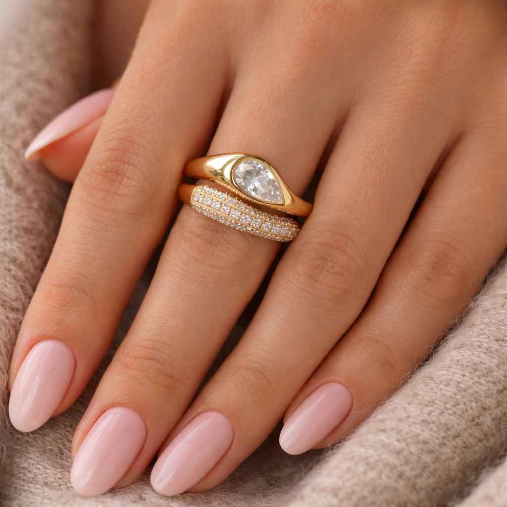 East To West Bridal Ring Set, Pear Cut Lab Grown Diamond Engagement Ring, Curved Dome Style Ring Set, 14K Yellow Gold Tear Drop Wedding Ring