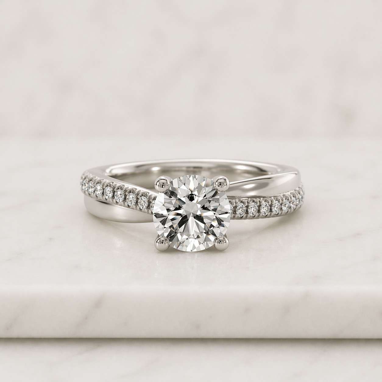 Round Cut Lab Grown Engagement Ring with Side Pave Diamonds | 4-Prong Solitaire Ring in 10K 14K 18K Silver & Platinum | IGI Certified