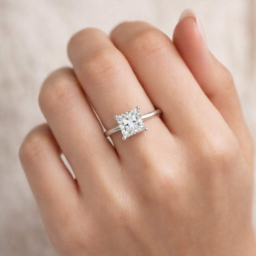 Solid Gold Princess Cut Moissanite Ring, Solitaire Engagement Ring