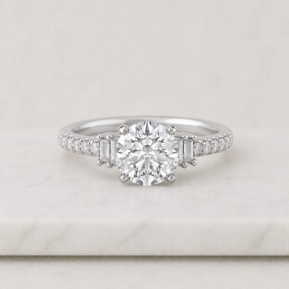 Round Moissanite Engagement Ring, 14k Solid Gold Pave Band, Solitaire Ring, Ethical Gemstone
