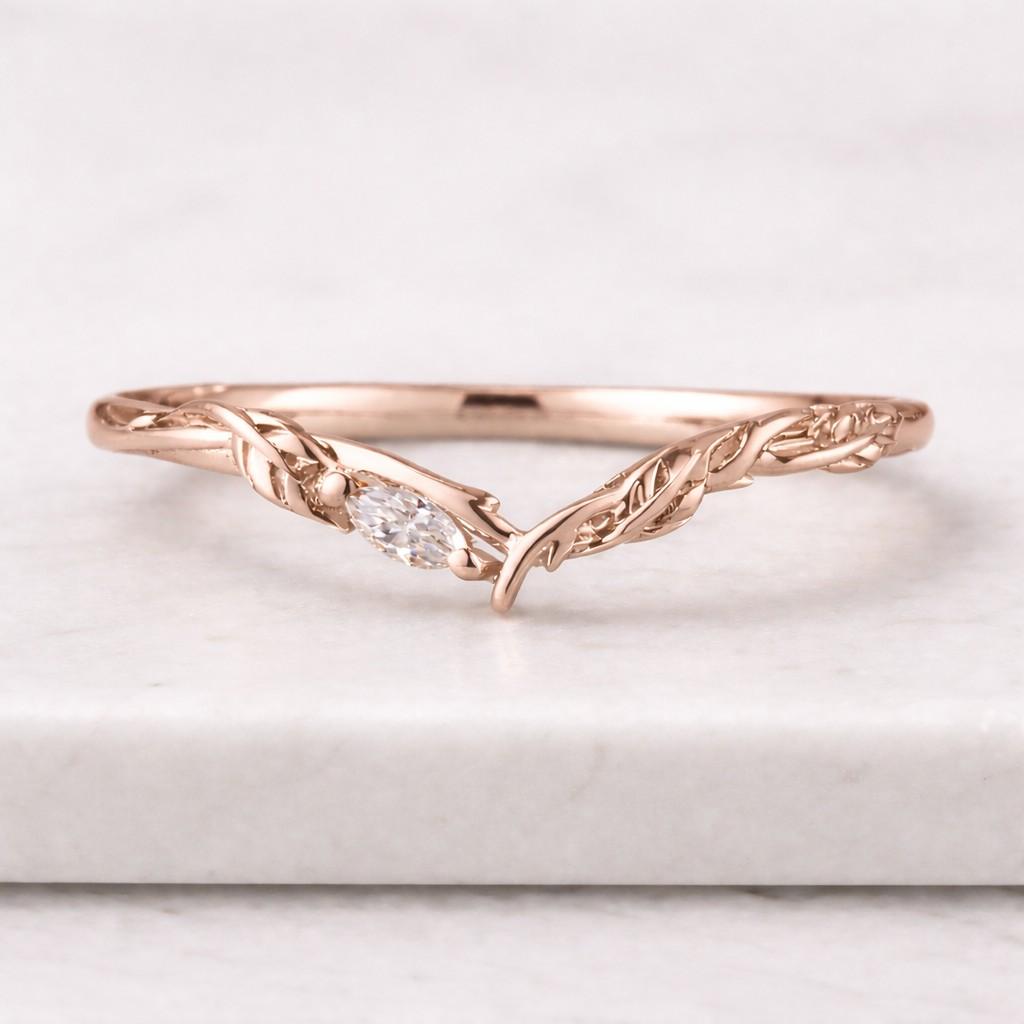 marquise cut moissanite wedding band solid yellow gold leaf ring delicate curved natural diamond band nature inspired stackable band