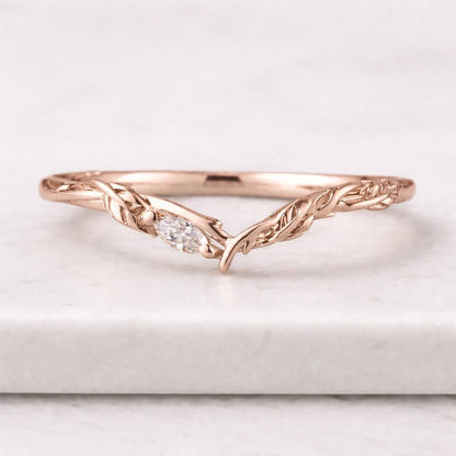 Marquise cut Moissanite wedding band Solid Yellow Gold Leaf Ring Delicate Curved Natural Diamond band Nature Inspired Stackable band