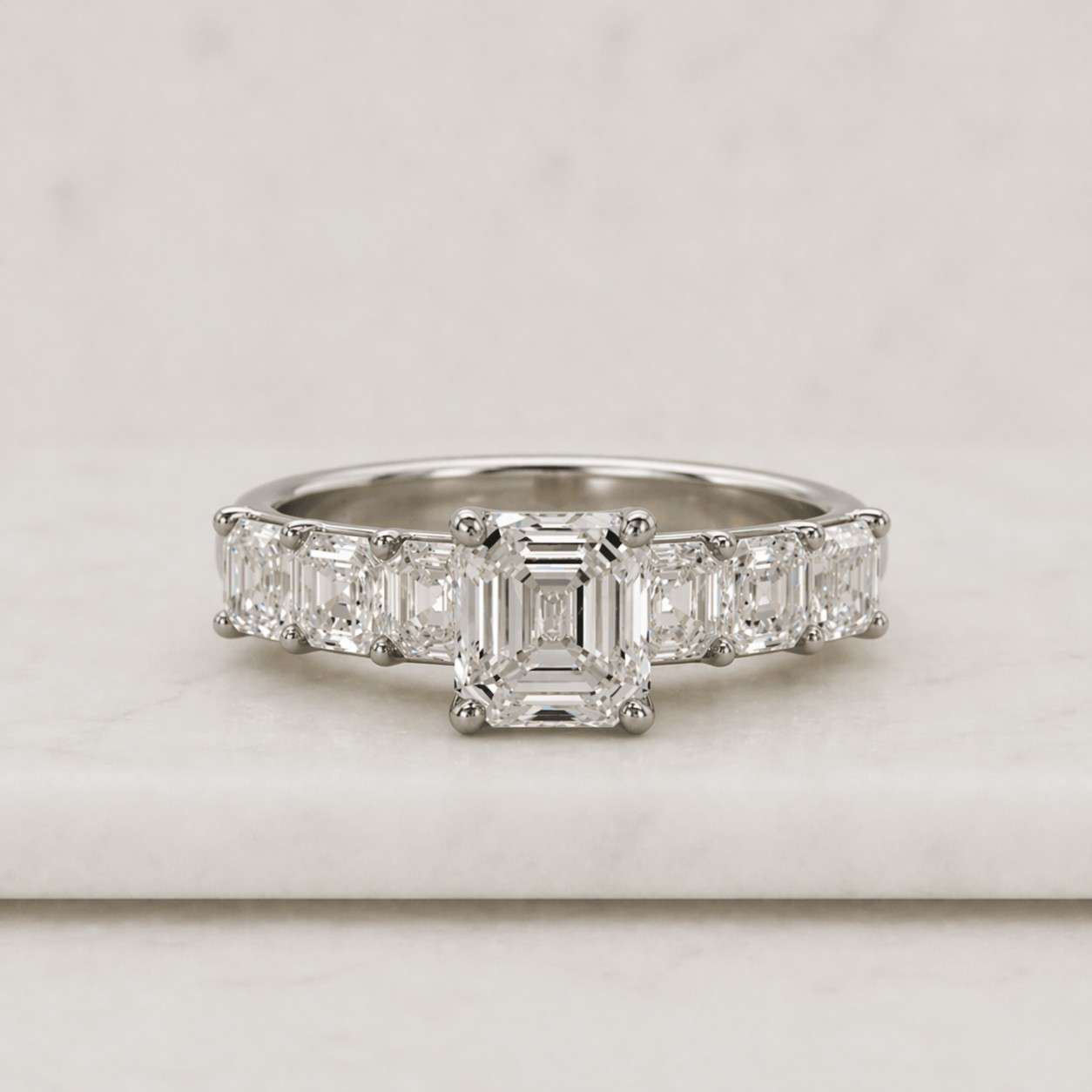 Asscher Cut Lab Grown Diamond Engagement Ring Five Stone Trapezoid Baguette Bridal Ring Trapezoid Baguette Side Stone Gold Bridal Ring
