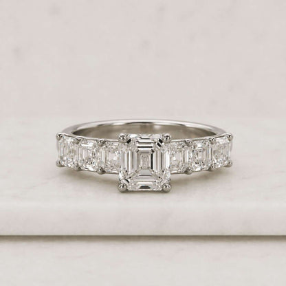 Asscher Cut Lab Grown Diamond Engagement Ring Five Stone Trapezoid Baguette Bridal Ring Trapezoid Baguette Side Stone Gold Bridal Ring

